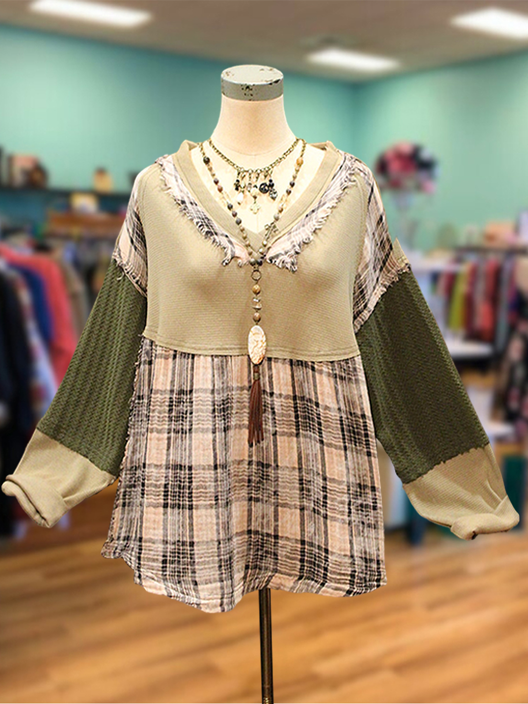 Casual Plaid Patchwork Raw Edge Top