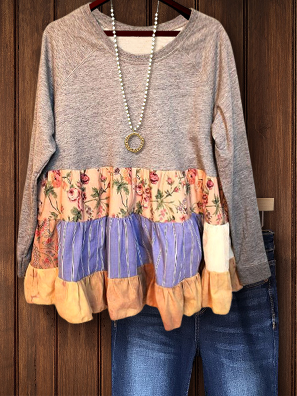 Casual Floral Patchwork Ruffle Hem Top