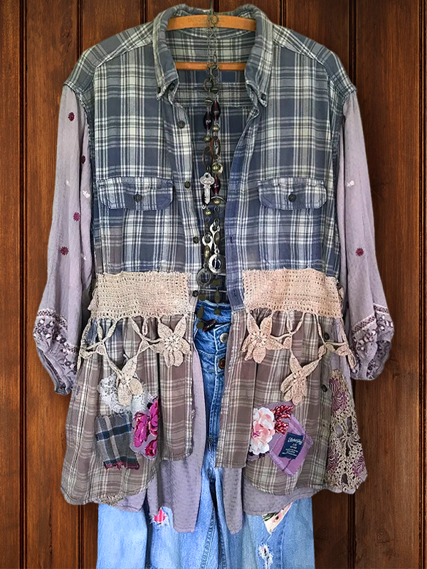 Pastoral Plaid Patchwork Lace Top