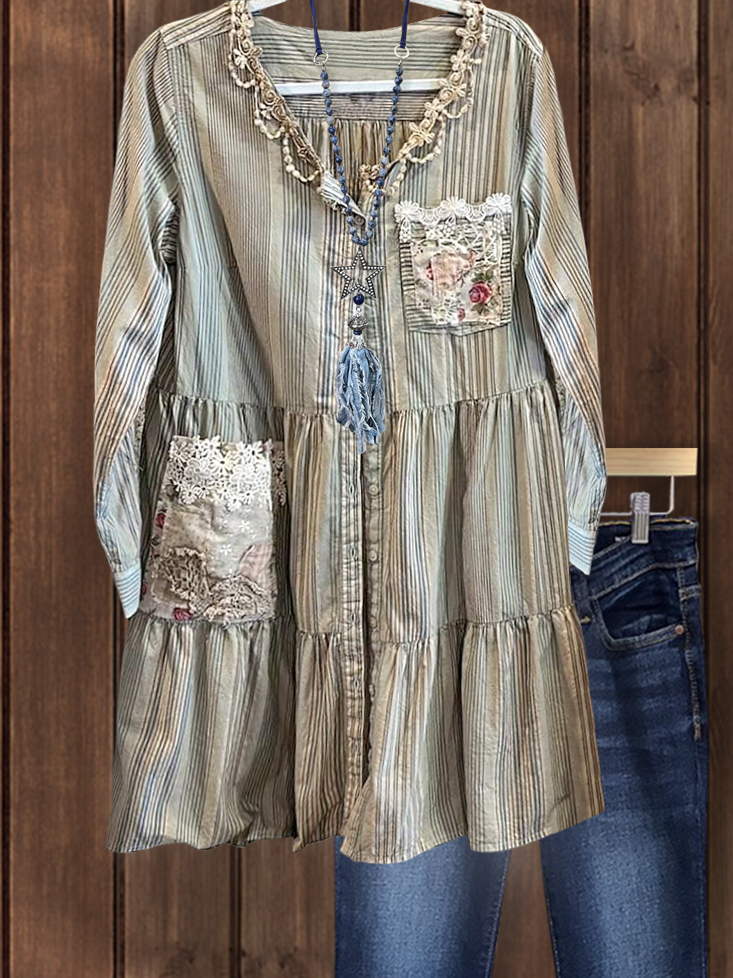 Vintage Striped Layered Hem Long Top