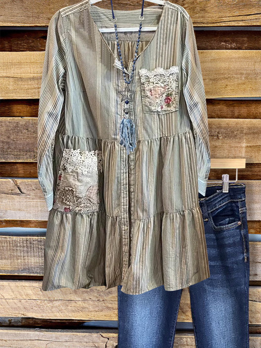 Women's top | Vintage Striped Layered Hem Long Top |Website-shopcharmingrose