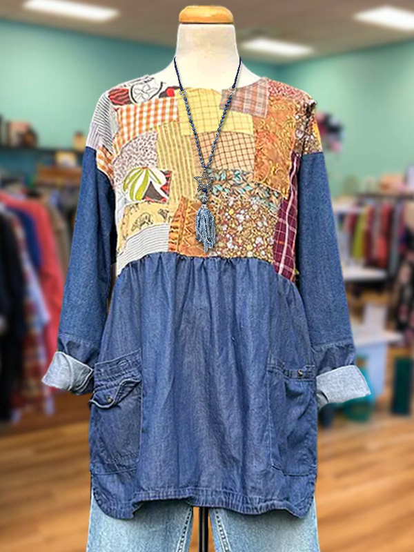 Vintage Denim Patchwork Pocket Top