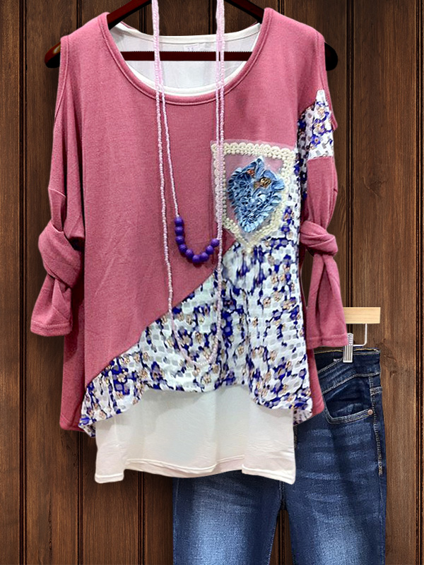 Casual Printed Hollow Shoulder Top