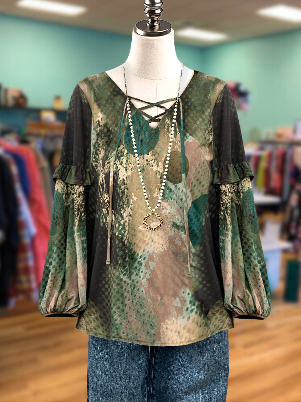 Retro Art Print Tie Neck Top