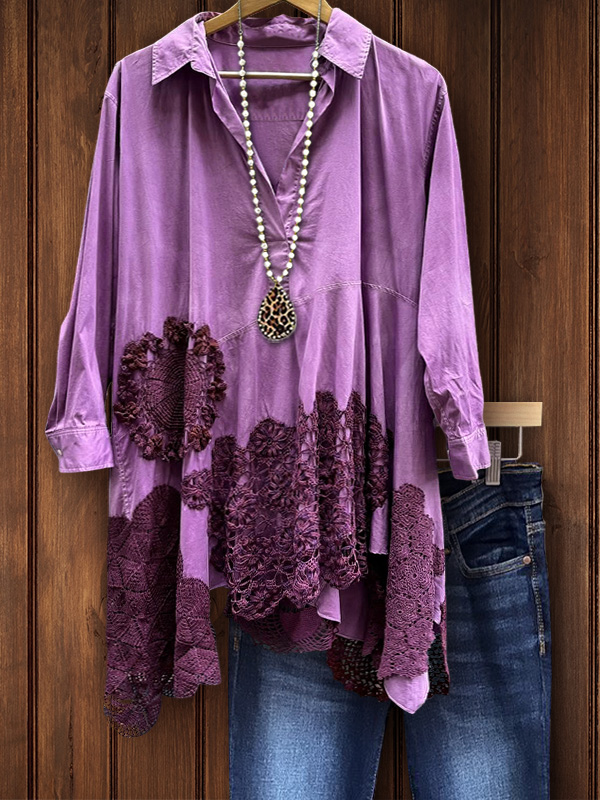 Casual Lace Patch Lapel Top