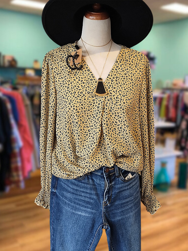 Classic Chiffon Leopard Print Smocked Cuff Top