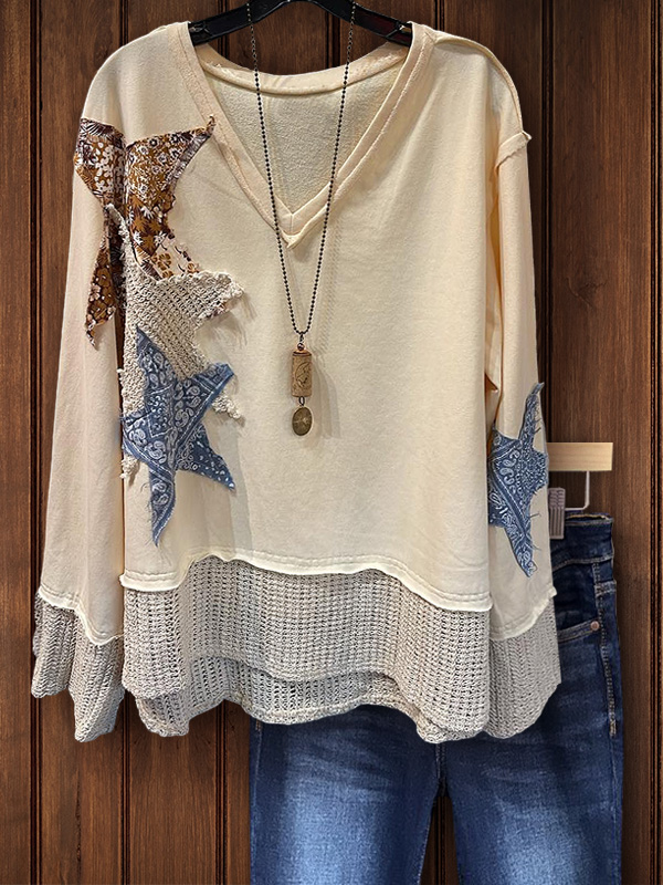 Casual Star Patch Hollow Top