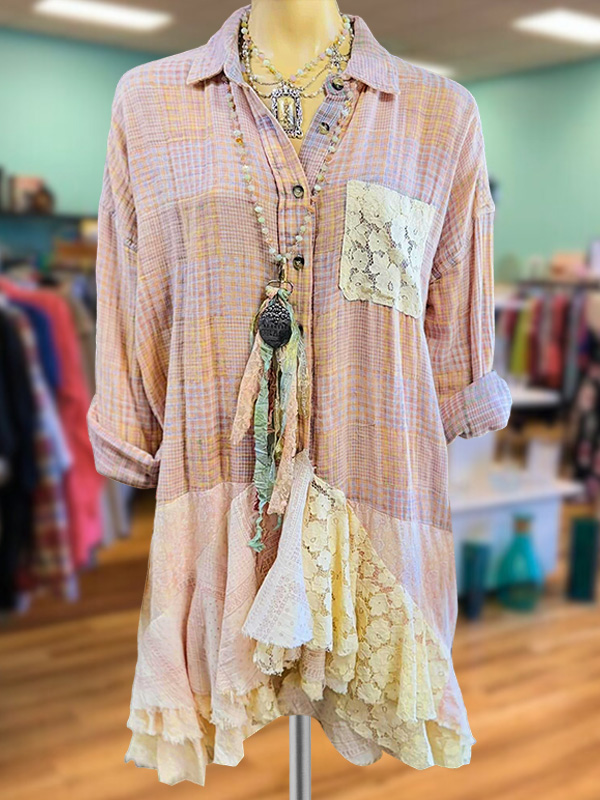 Vintage Plaid Lace Ruffle Hem Top