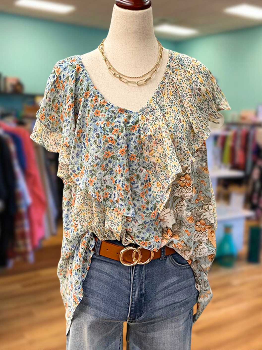 Romantic Floral Ruffled V-Neck Top