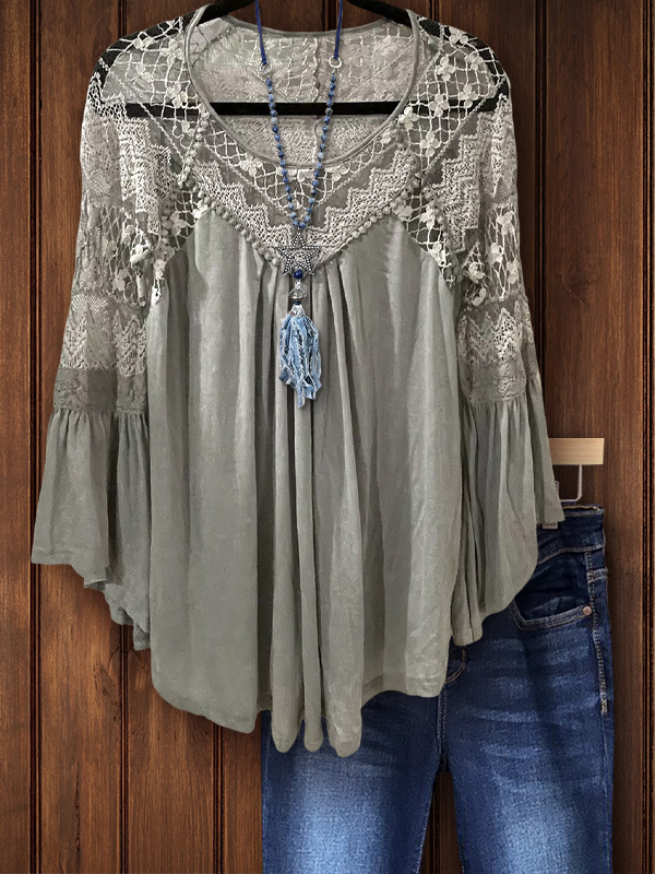 Elegant Lace Patchwork Ruffle Sleeve Top