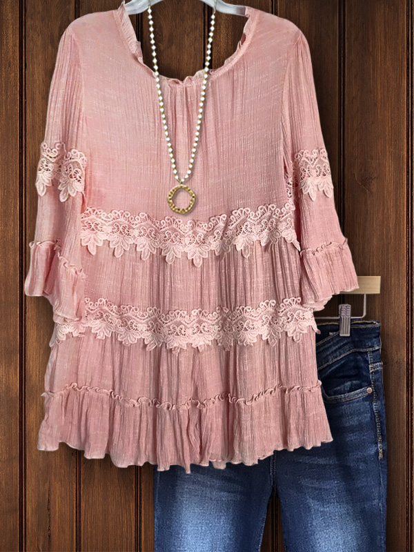 Elegant Textured Lace Ruffle Sleeve Top