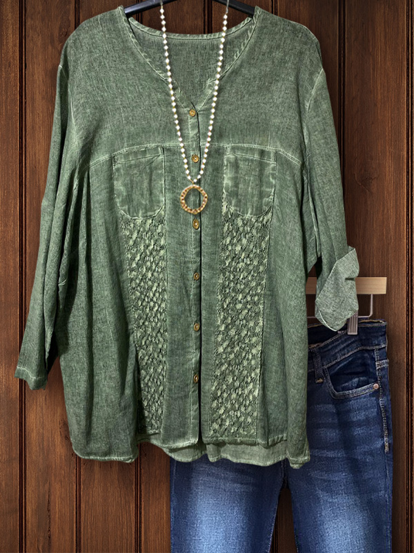Casual Cotton Linen Lace Patchwork Top