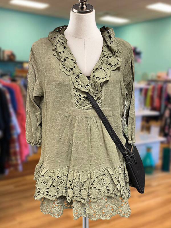 Vintage Cotton Linen Jacquard Ruffle Top