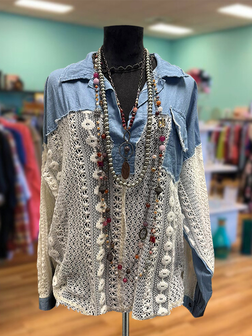 Vintage Denim Lace Patchwork Top