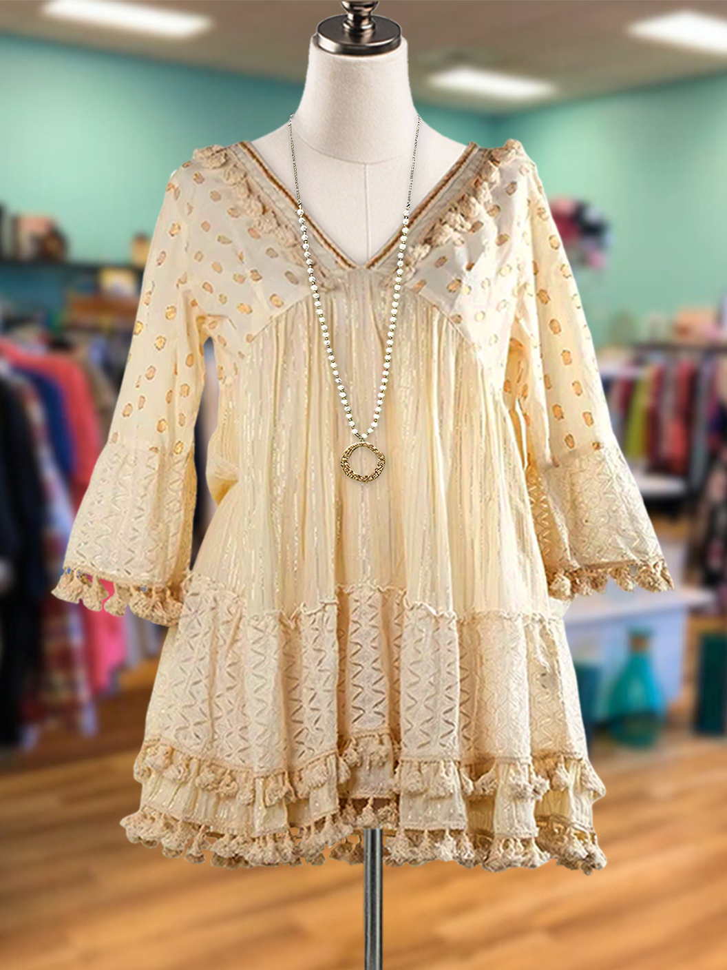 Bohemian Fringe Trim V Neck Top