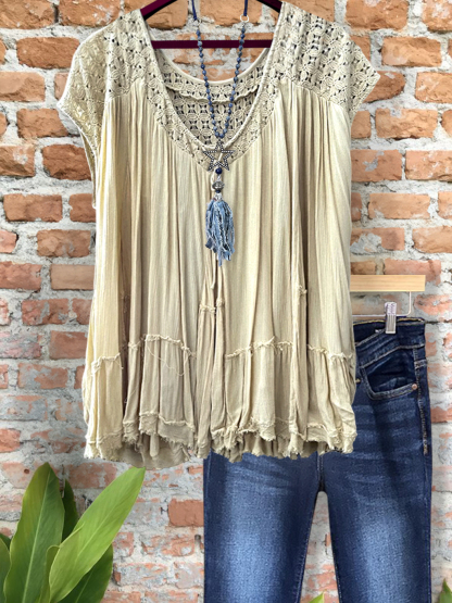 Cozy Ruched Crochet Patchwork Top