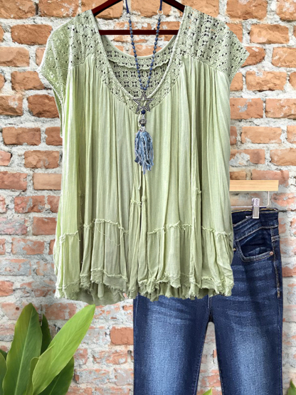 Cozy Ruched Crochet Patchwork Top