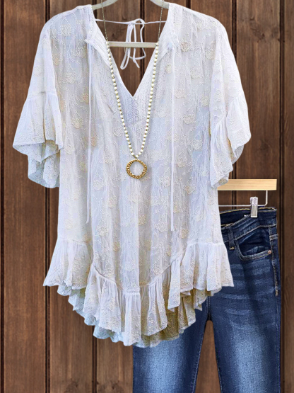 Elegant Jacquard Back Hollow Ruffle Top