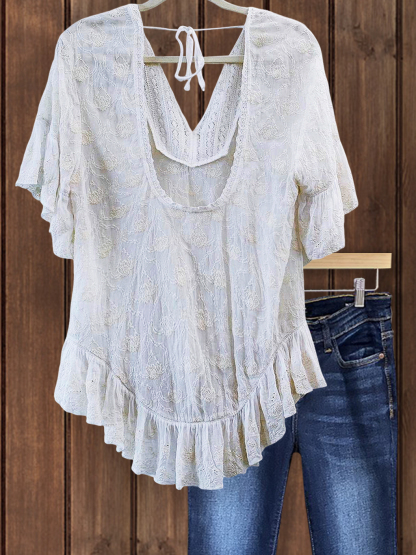 Elegant Jacquard Back Hollow Ruffle Top