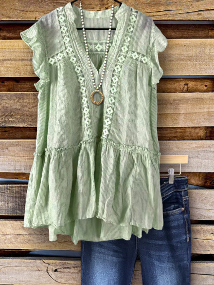 Casual Striped Webbing Ruffle Sleeve Top
