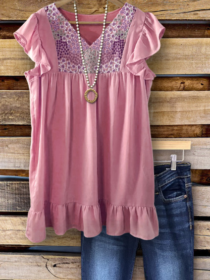 Vintage Floral Ruffled Sleeve Top