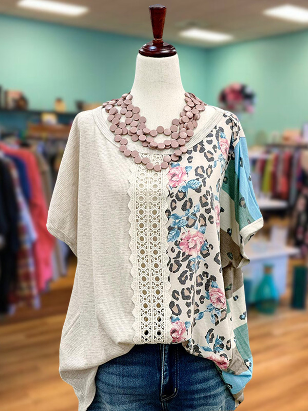 Women's top | Casual Leopard Print Lace Patchwork Top |Website-shopcharmingrose