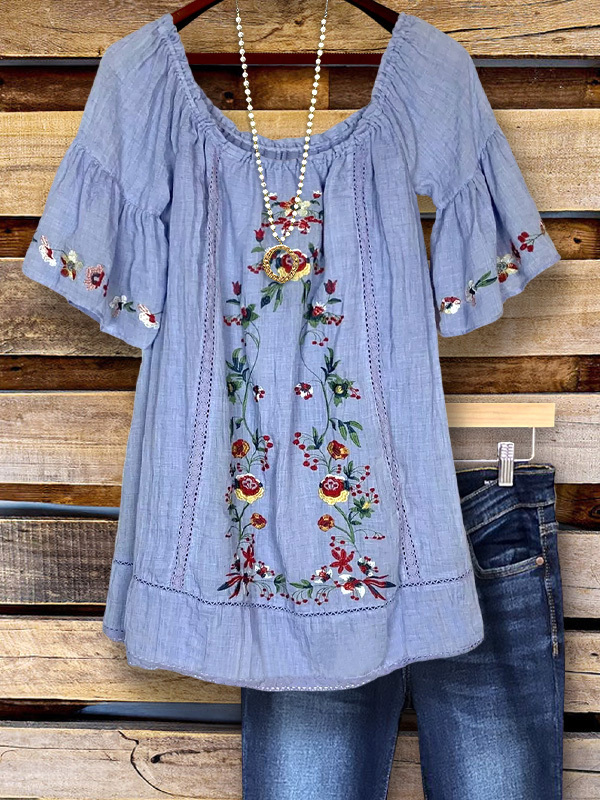 Women's top | Vintage Cotton Floral Ruffle Sleeve Top |Website-shopcharmingrose