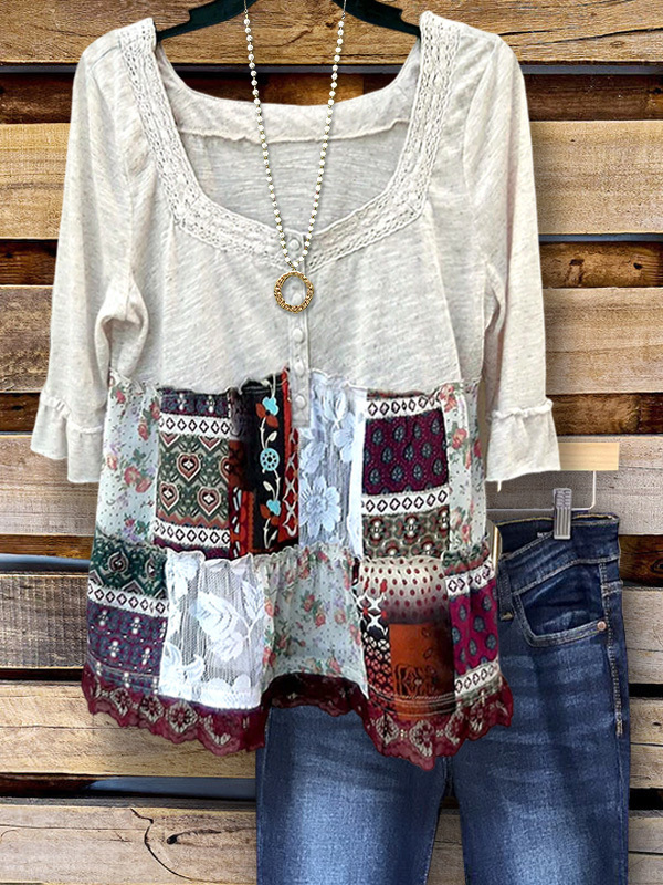 Women's top | Vintage Mixed Print Patchwork Top |Website-shopcharmingrose