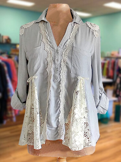 Casual Vintage Lace Patchwork Shirt