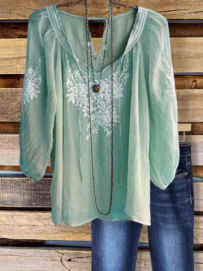 Elegant Embroidered Ruffled V-Neck Top