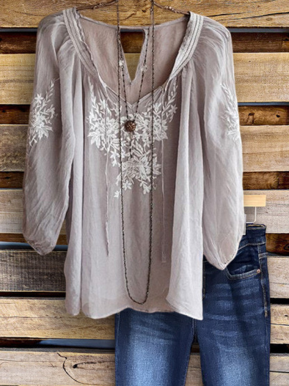Elegant Embroidered Ruffled V-Neck Top