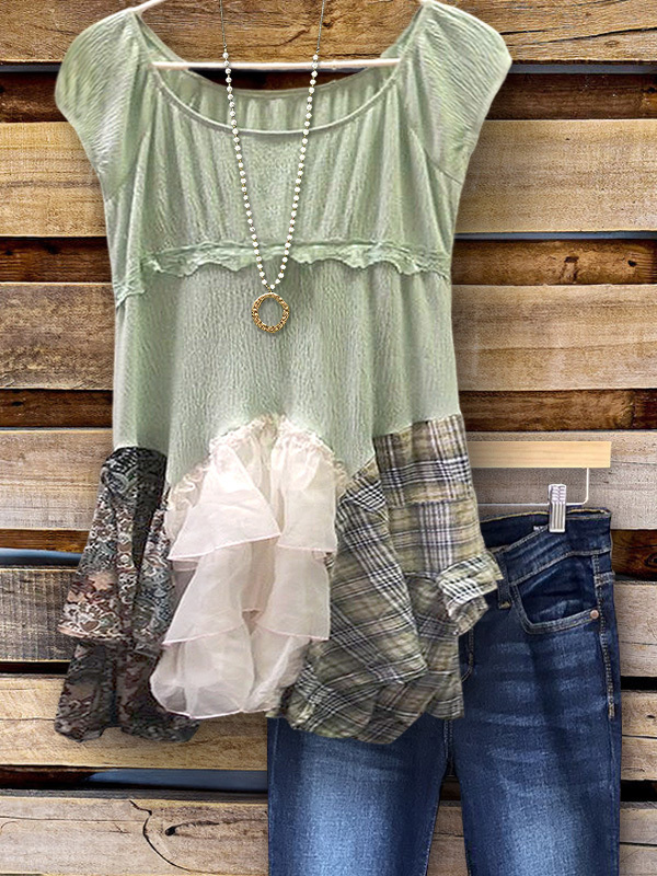 Women's top | Gentle Texture Patchwork Ruffle Hem Top |Website-shopcharmingrose