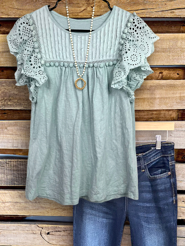 Casual Jacquard Pom Pom Ruffle Sleeve Top