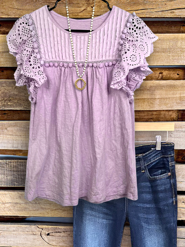 Women's top | Casual Jacquard Pom Pom Ruffle Sleeve Top |Website-shopcharmingrose