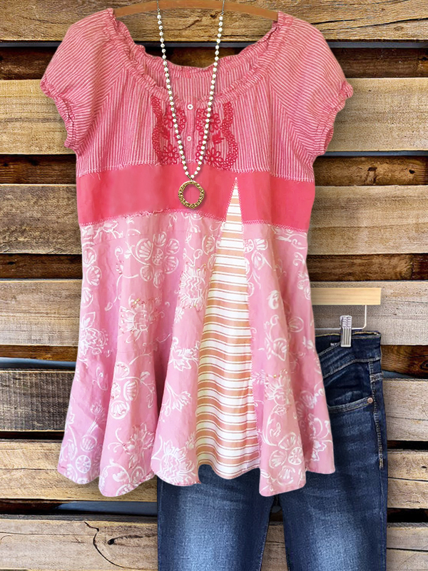 Women's top | Vintage Casual Striped Patchwork Top |Website-shopcharmingrose