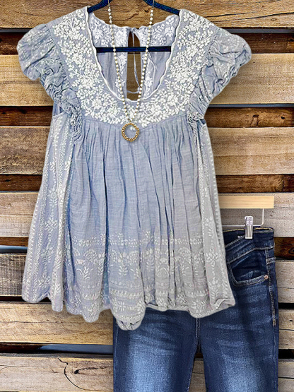 Casual Embroidered Ruffle Sleeve Top