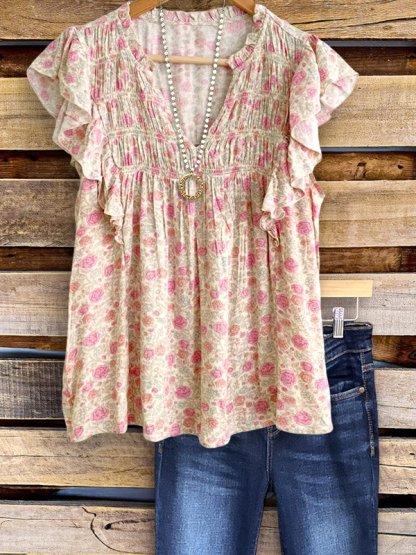 Garden Floral Ruched Ruffle Sleeve Top
