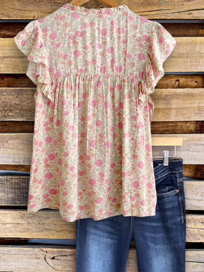 Garden Floral Ruched Ruffle Sleeve Top