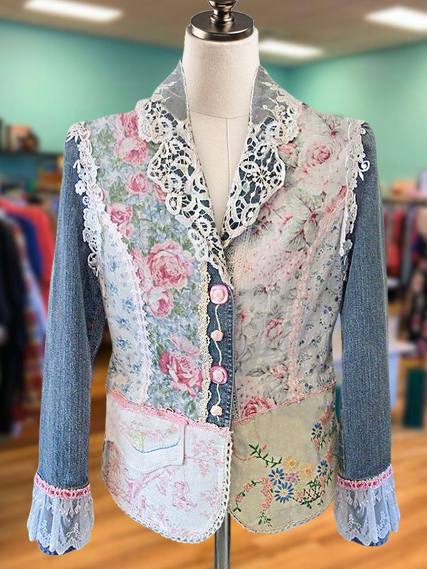 Women's jacket | Elegant Denim Floral Lace Patchwork Jacket |Website-shopcharmingrose