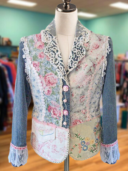 Elegant Denim Floral Lace Patchwork Jacket