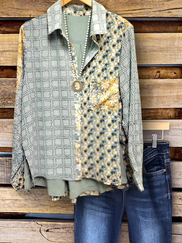 Women's top | Vintage Mixed Print Patchwork Shirt |Website-shopcharmingrose