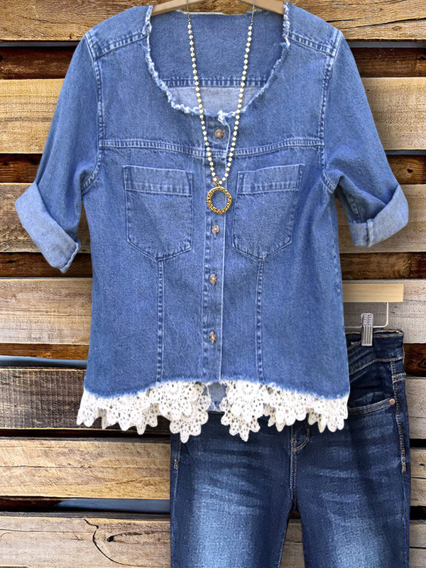 Women's top | Casual Denim Lace Hem Top |Website-shopcharmingrose