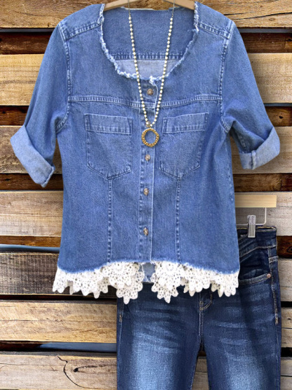 Casual Denim Lace Hem Top