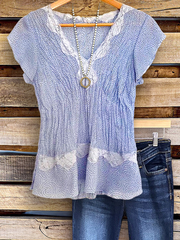 Women's top | Vintage Print Lace V-Neck Top |Website-shopcharmingrose