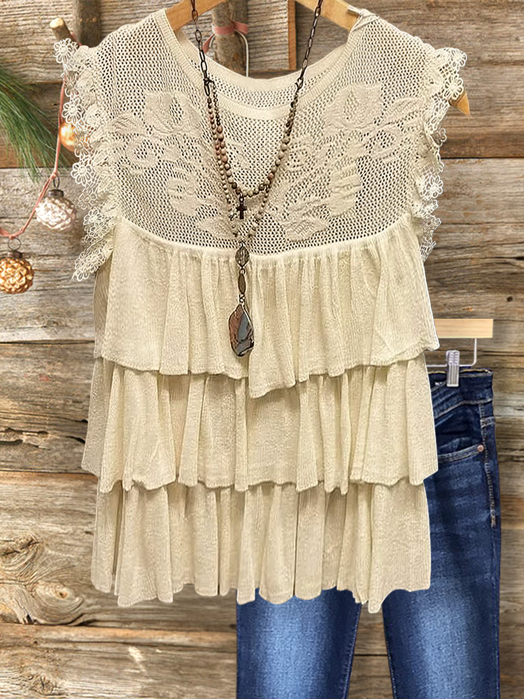 Casual Resort Lace Layered Ruffle Top