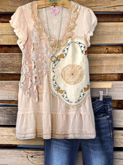 Pastoral Applique Lace Ruffle Sleeve Top