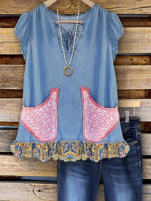 Women's top | Vintage Denim Print Pocket Patchwork Top |Website-shopcharmingrose