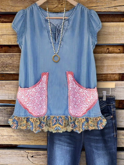 Vintage Denim Print Pocket Patchwork Top