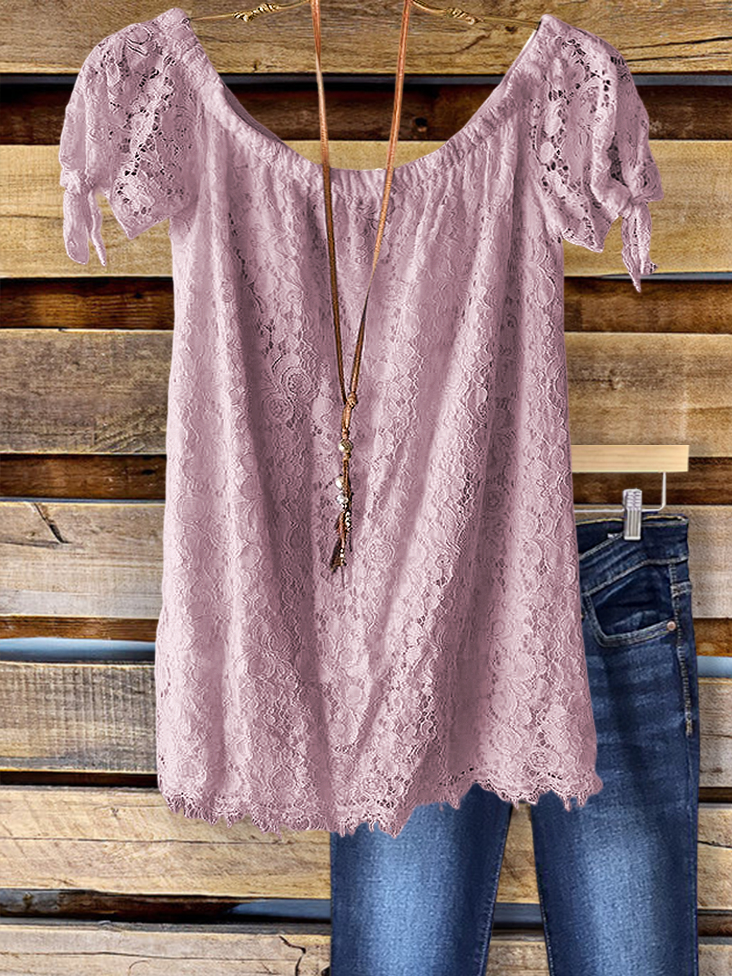 Elegant Lace Elastic Crew Neck Top