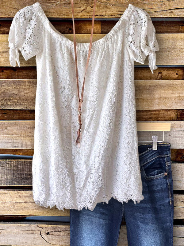 Women's top | Elegant Lace Elastic Crew Neck Top |Website-shopcharmingrose